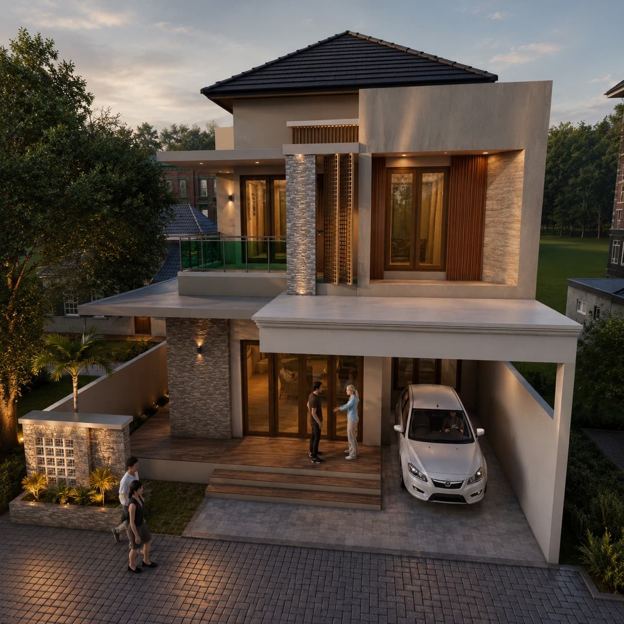 Tampak depan rumah dengan balkon dan taman