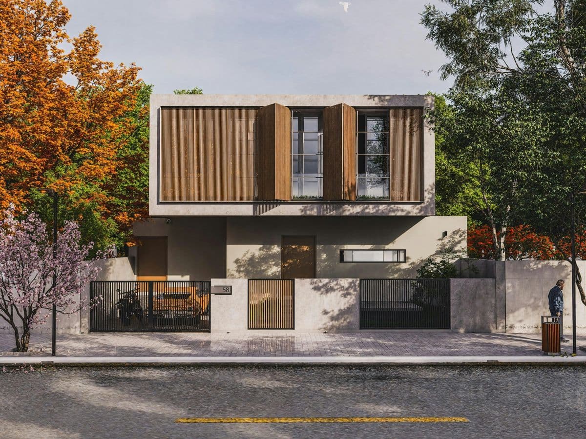 Fasad rumah minimalis modern dengan kisi-kisi kayu